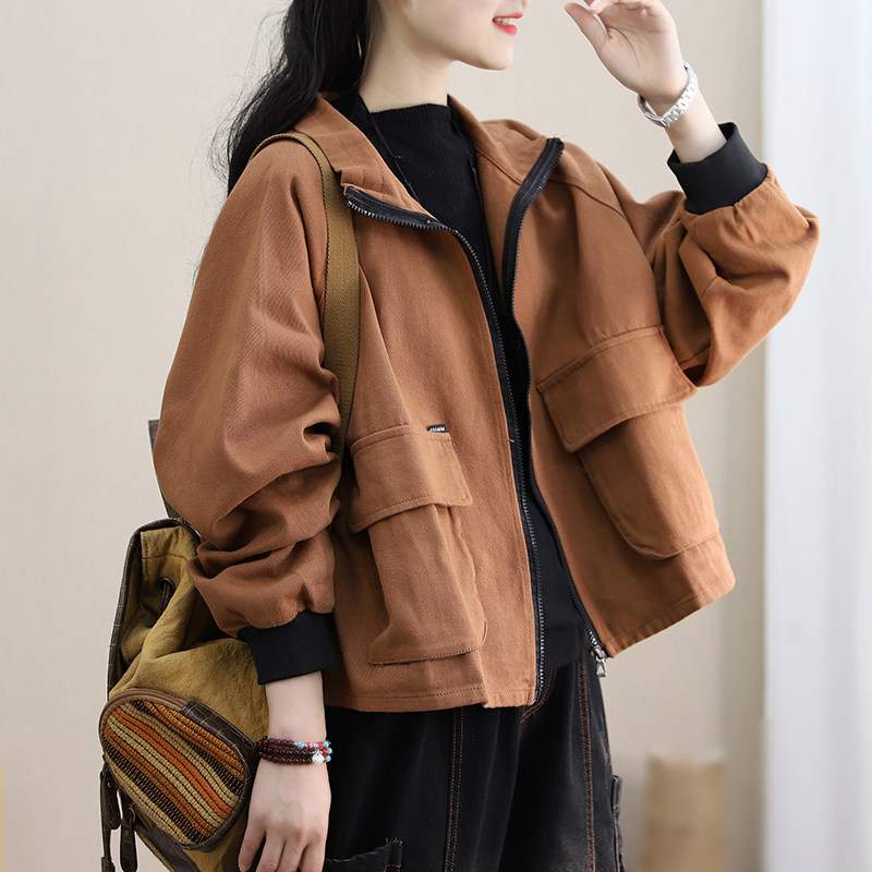 文艺2021年外套秋季女大码宽松短款上衣拉链休闲风衣——韩索依女装店