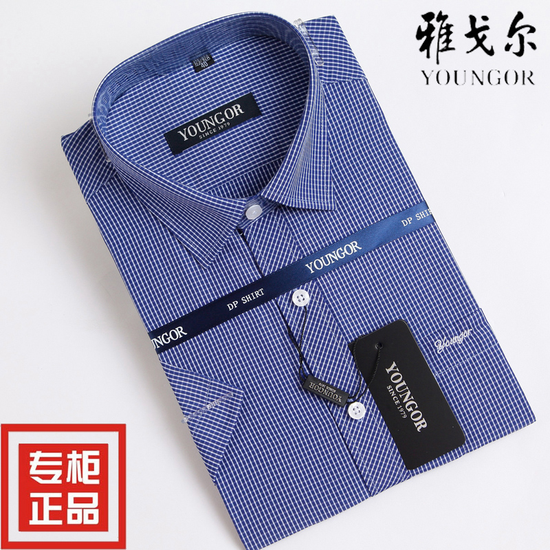 雅戈尔官方旗舰店短袖衬衫男士夏季中年商务休闲条纹格子免烫衬衣