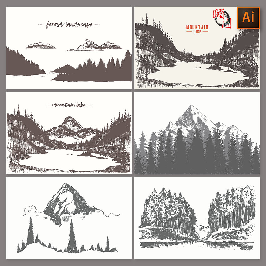 黑白线描线条山水森林山峰山脉松树树木树林设计素材设计素材