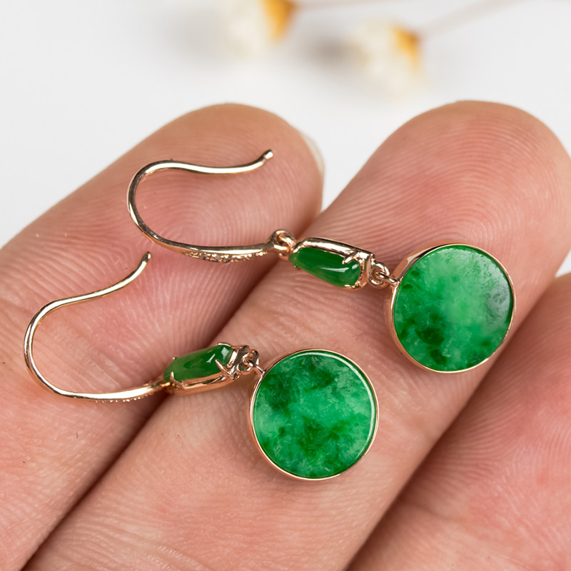 18k玫瑰金伴南非钻镶嵌天然a货翡翠圆形耳钉 1.93克