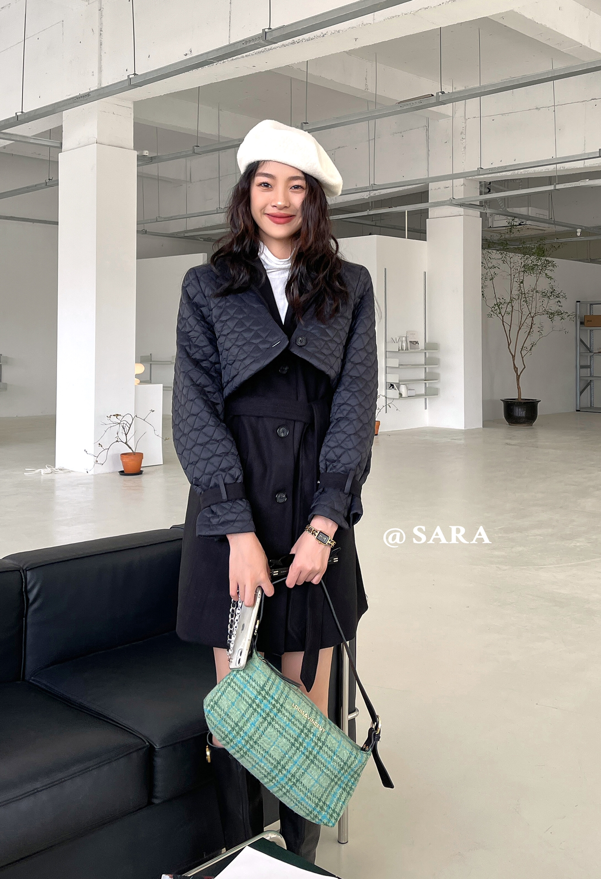 sara冬季chic套装女无袖坎肩西装背心裙菱格棉服披肩两件套