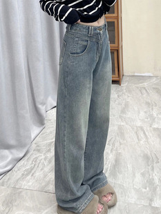 复古蓝美式直筒牛仔裤大码女装裤子梨形身材设计感显瘦高腰阔腿裤