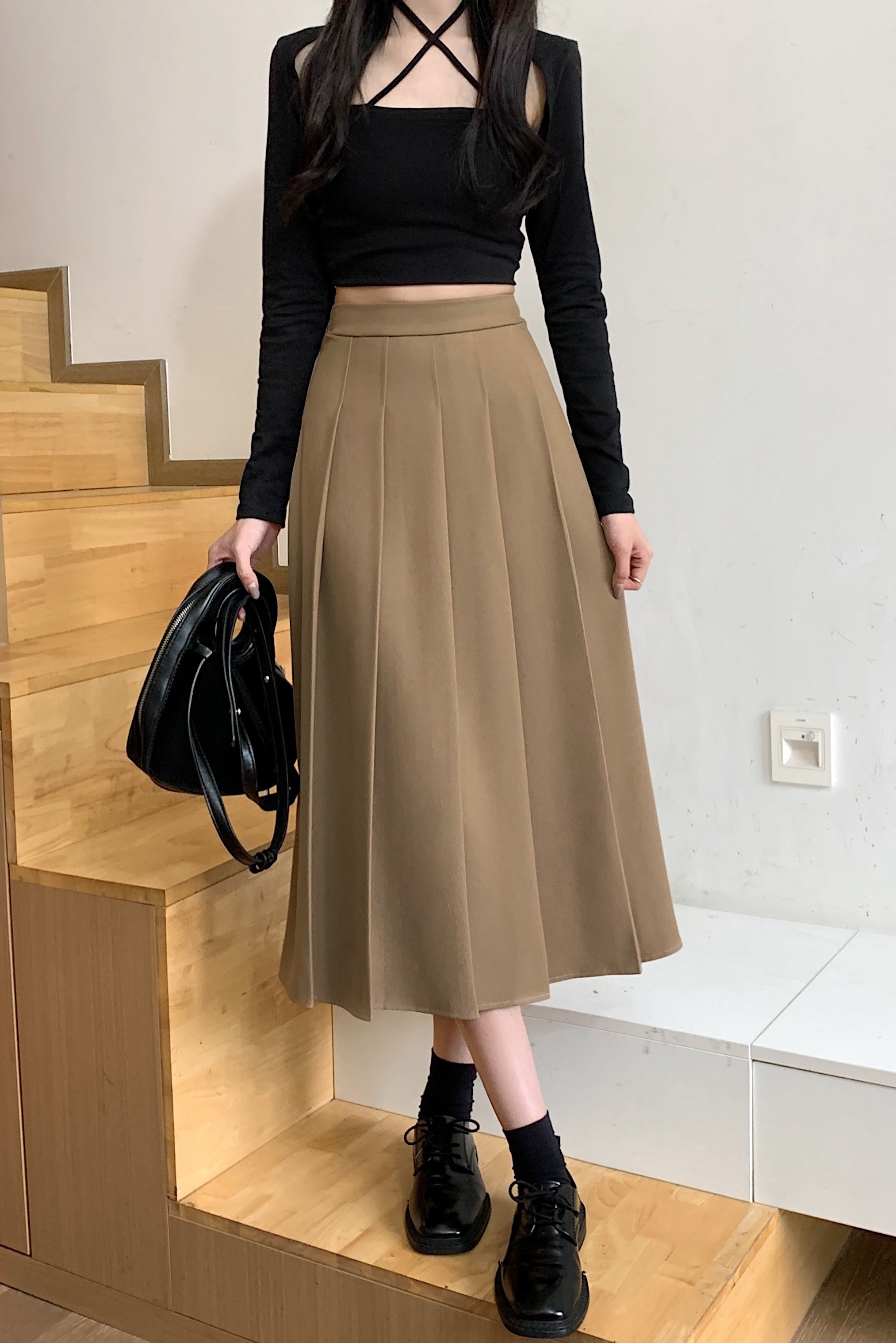 春季大码百褶半身裙女中长款高腰垂感a字裙胖mm复古百搭长裙,女装大码