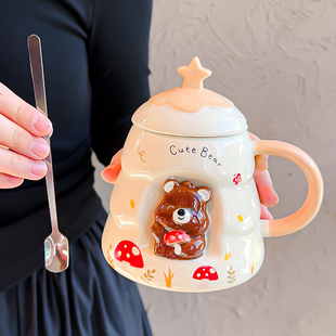 高颜值马克杯奶fufu带盖勺子可爱小熊女生办公室陶瓷咖啡杯大容量