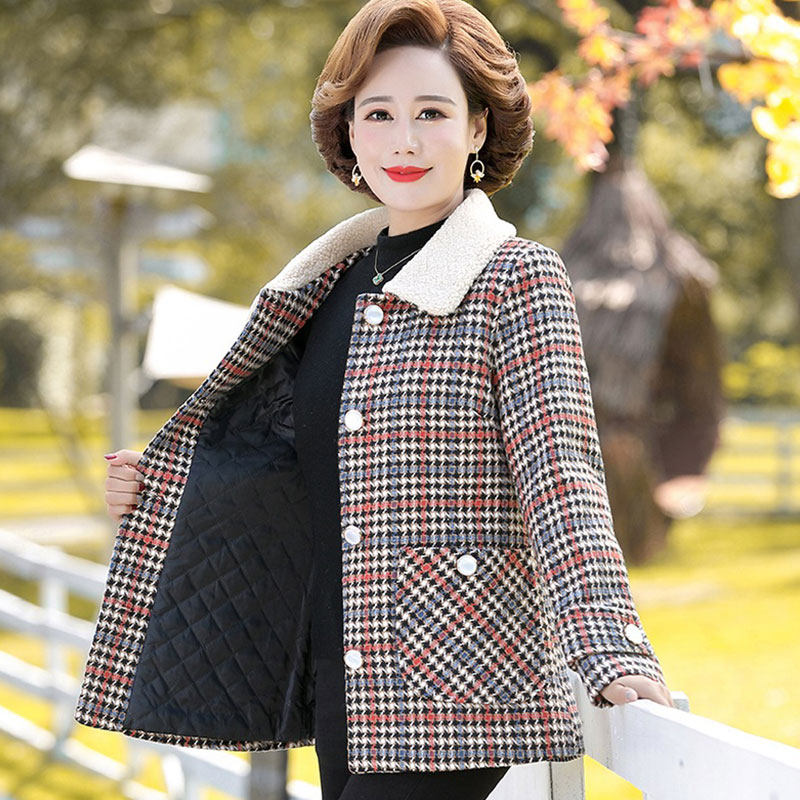 中老年女装秋冬装外套春秋上衣阔太太中年毛呢外套短款妈妈装格子