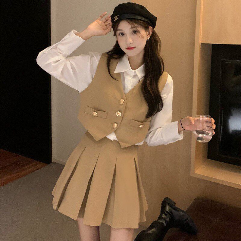 学院风套装女英伦风jk制服百褶裙西装马甲三件套甜美小香风秋冬季