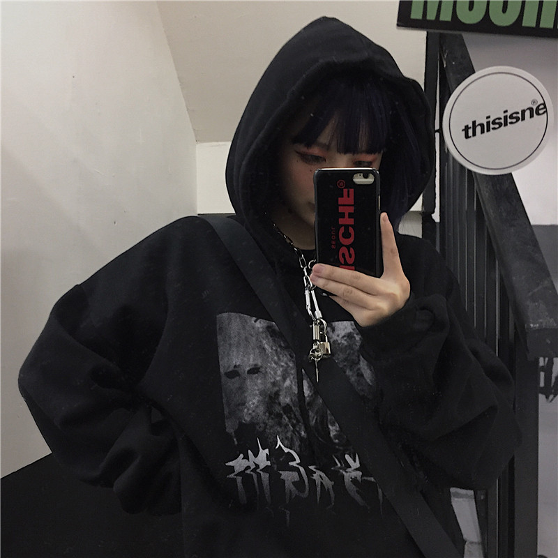 2022秋冬美式高街暗黑丧系字母印花加绒连帽卫衣女ins潮情侣帽衫