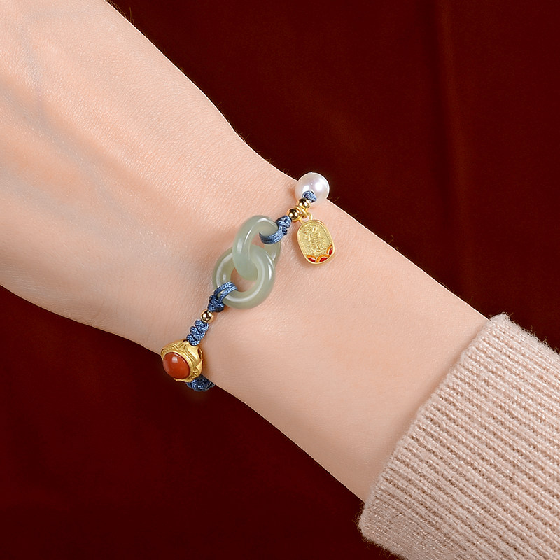2022年新款环环相扣和田玉双环平安扣手链女转运编织手绳情侣手串