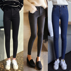 冬季韩版女生黑色加厚绒裤子铅笔裤外穿学生高腰修身显瘦牛仔长裤
