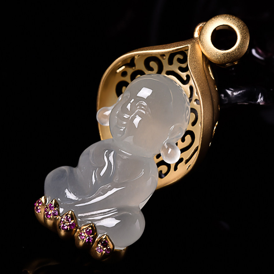 【源头好货-四会】天然a货翡翠18k金镶嵌宝宝佛吊坠7.06克