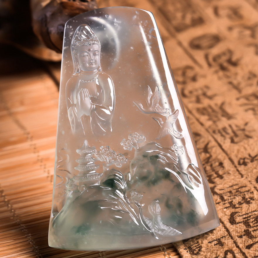 【源头好货-四会】天然a货翡翠观音山水吊坠31.47克