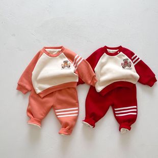 婴幼儿运动风套装加绒加厚宝宝洋气分体两件套秋冬季保暖卫衣长裤