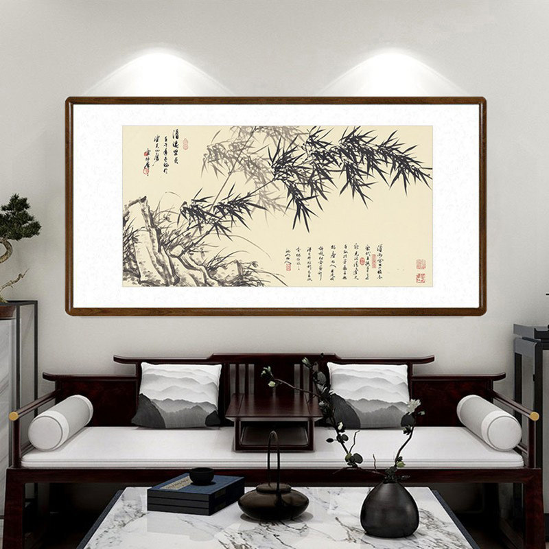 挂画竹报平安横版水墨画中式客厅装饰画书房兰竹图办公室字画—国画