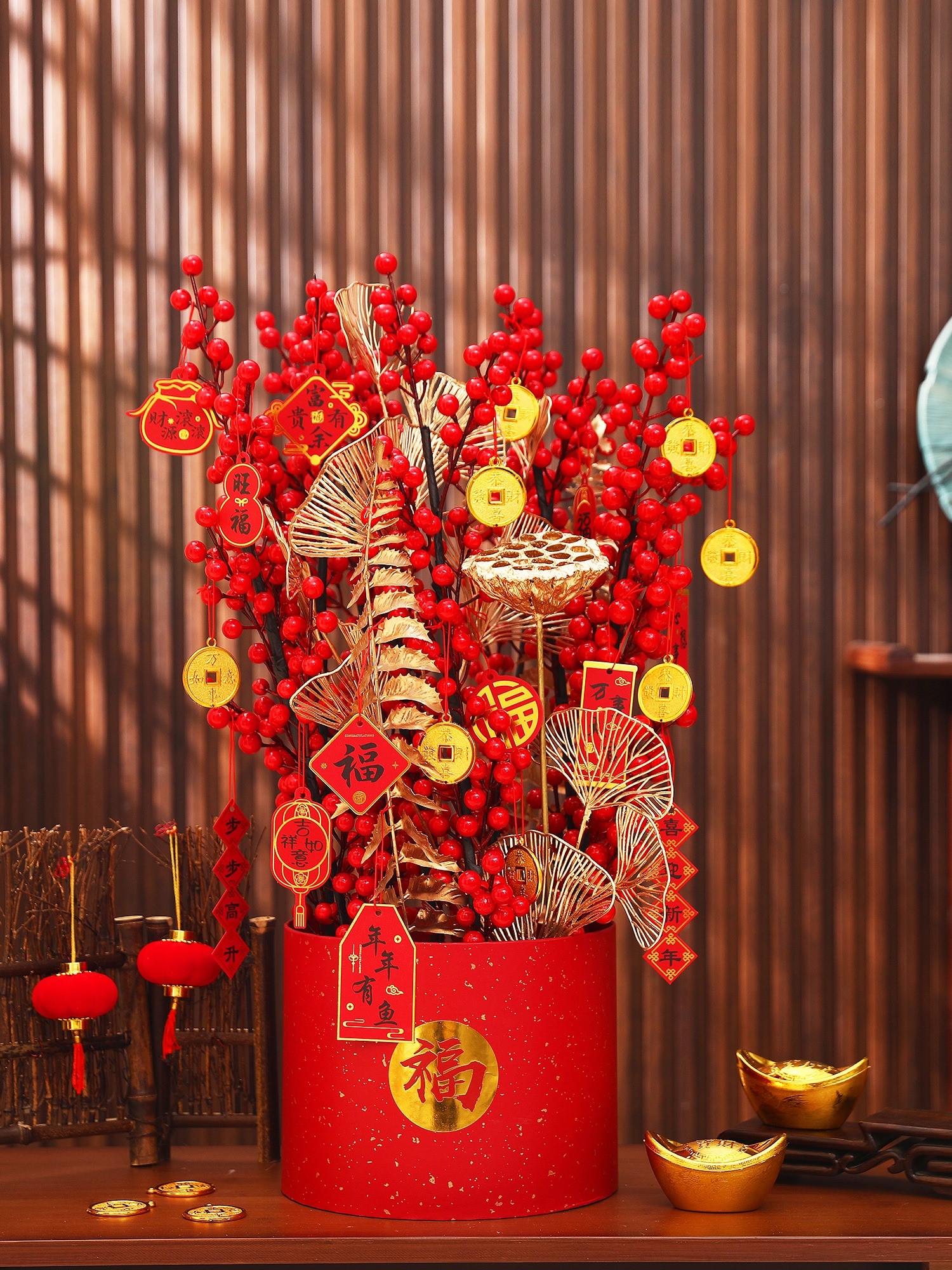 红果发财树福桶桌面摆件新年场景装饰品商场柜台家用装扮2022店铺