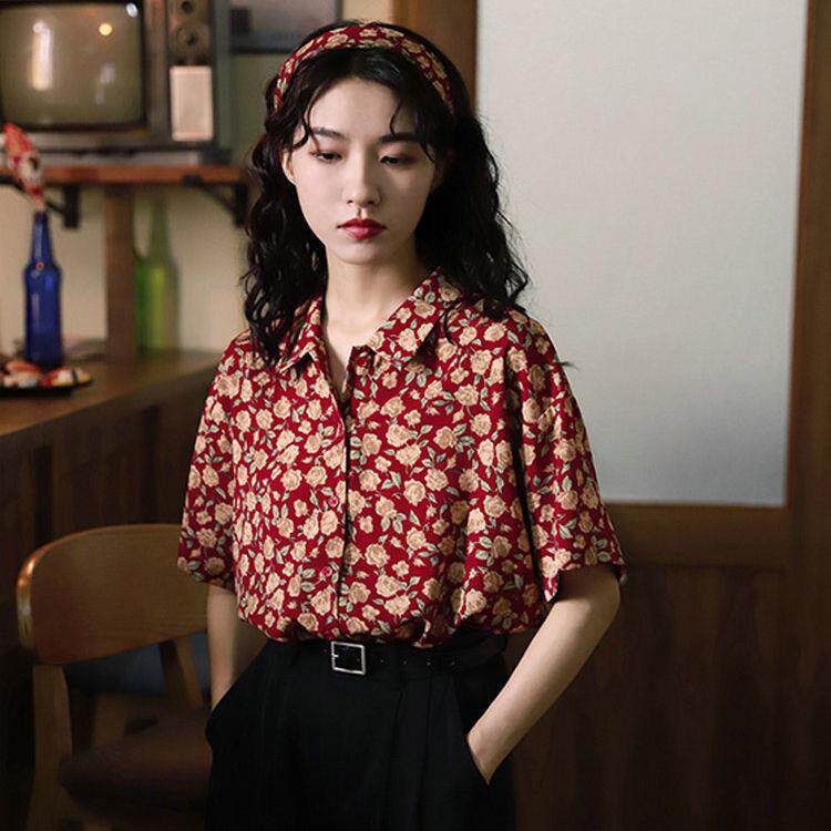 碎花雪纺衫女港风复古女装80年代夏季新款玫瑰印花短袖衬衫上衣服