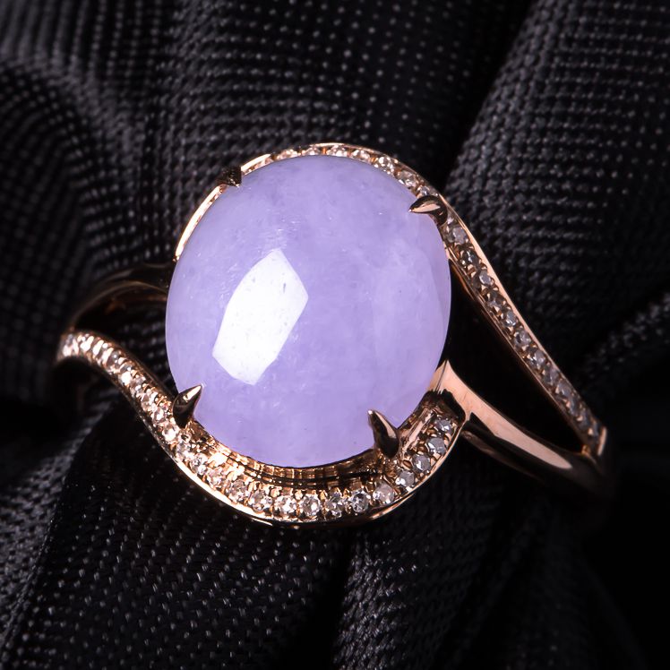 【精品翡翠-四会】18k金伴钻镶嵌紫罗兰翡翠蛋面戒指2.87g