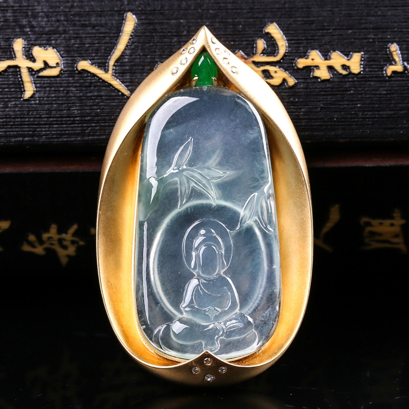 天然a货翡翠18k金伴钻玻璃种悟道吊坠10.37g