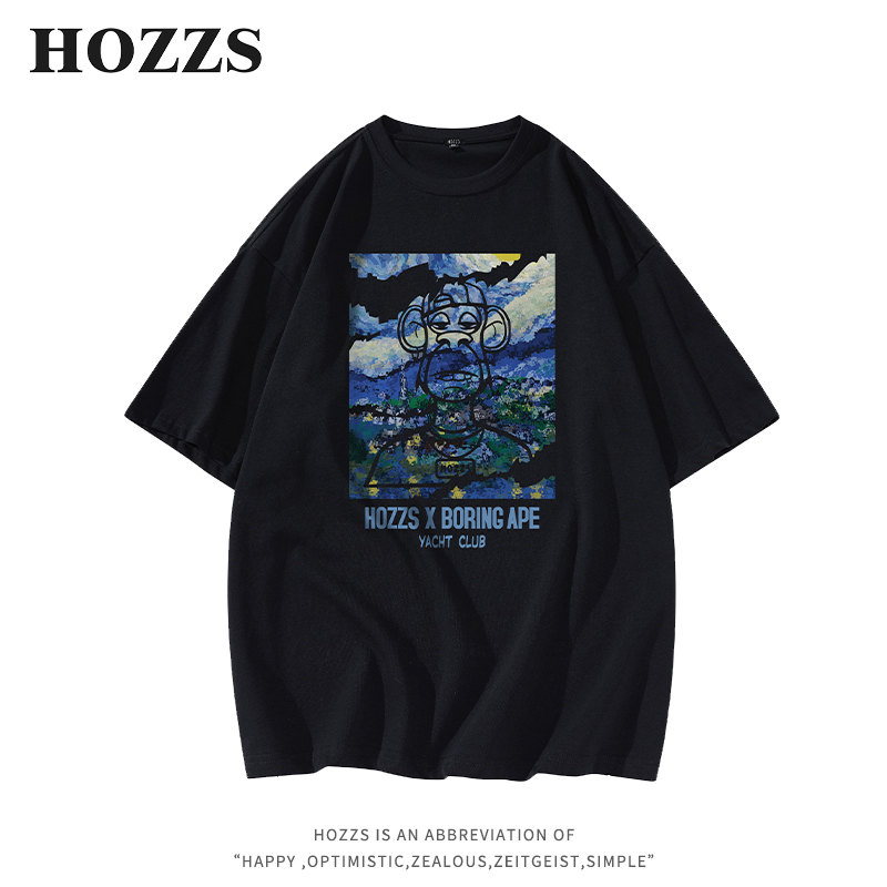 HOZZS/汉哲思梵高月夜星空油画镂空猿人字母印花宽松T恤男女同款