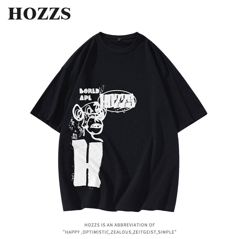 HOZZS/汉哲思泼墨字母印花宽松休闲五分T恤 男女同款情侣款