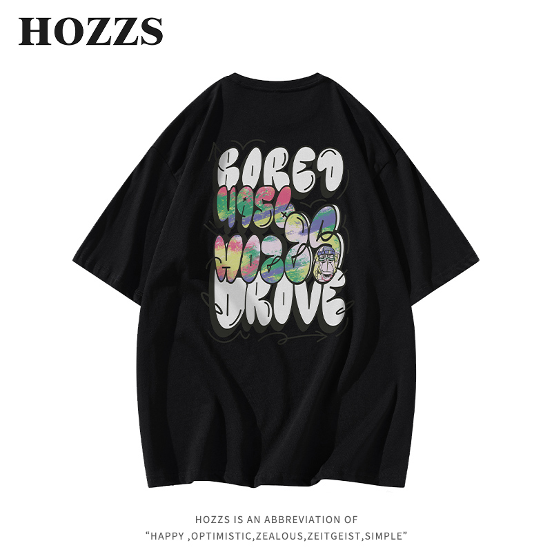 HOZZS/汉哲思卡通涂鸦字母猿人头印花薄款宽松短袖T恤男女同款