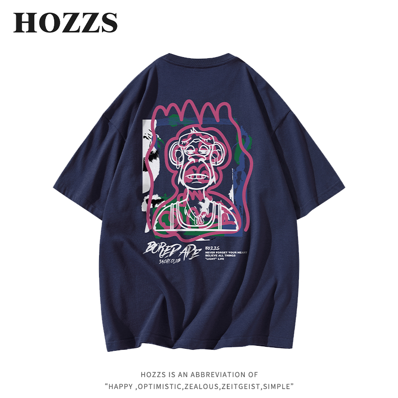 HOZZS/汉哲思趣味涂鸦线条猿人字母印花宽松圆领短袖T恤男女同款