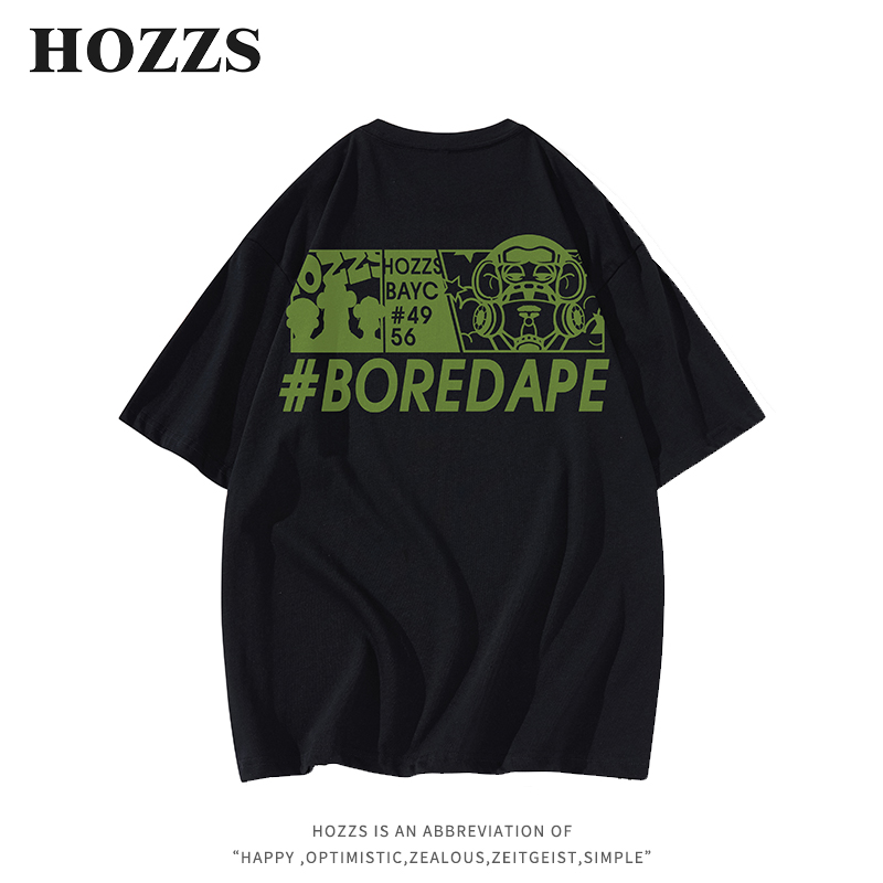 HOZZS/汉哲思趣味卡通字母涂鸦印花宽松圆领短袖T恤男女同款