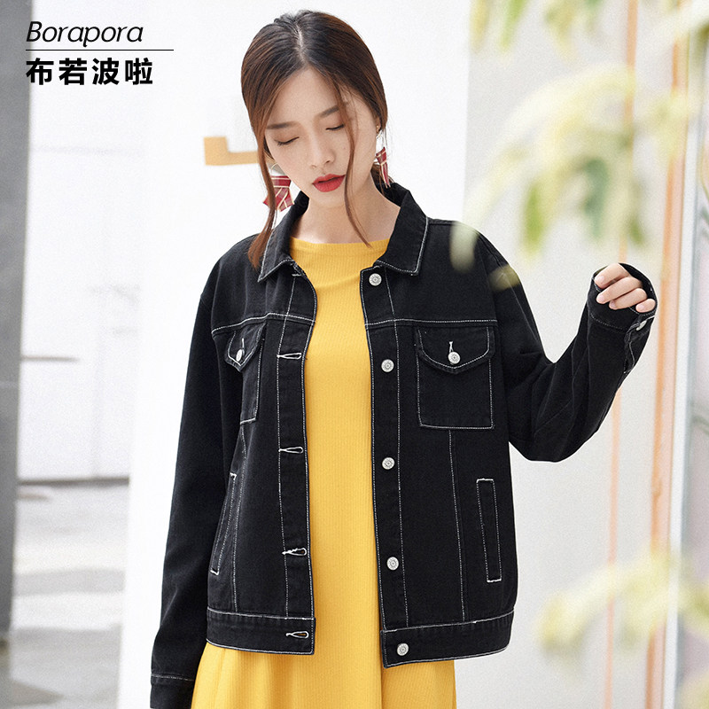 春季新款韩版chic显瘦学生原宿风bf黑色宽松牛仔外套女短款上衣潮
