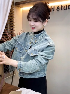 GG。牛仔外套女春秋季2024新款爆款韩版小个子高级感立领短款夹克