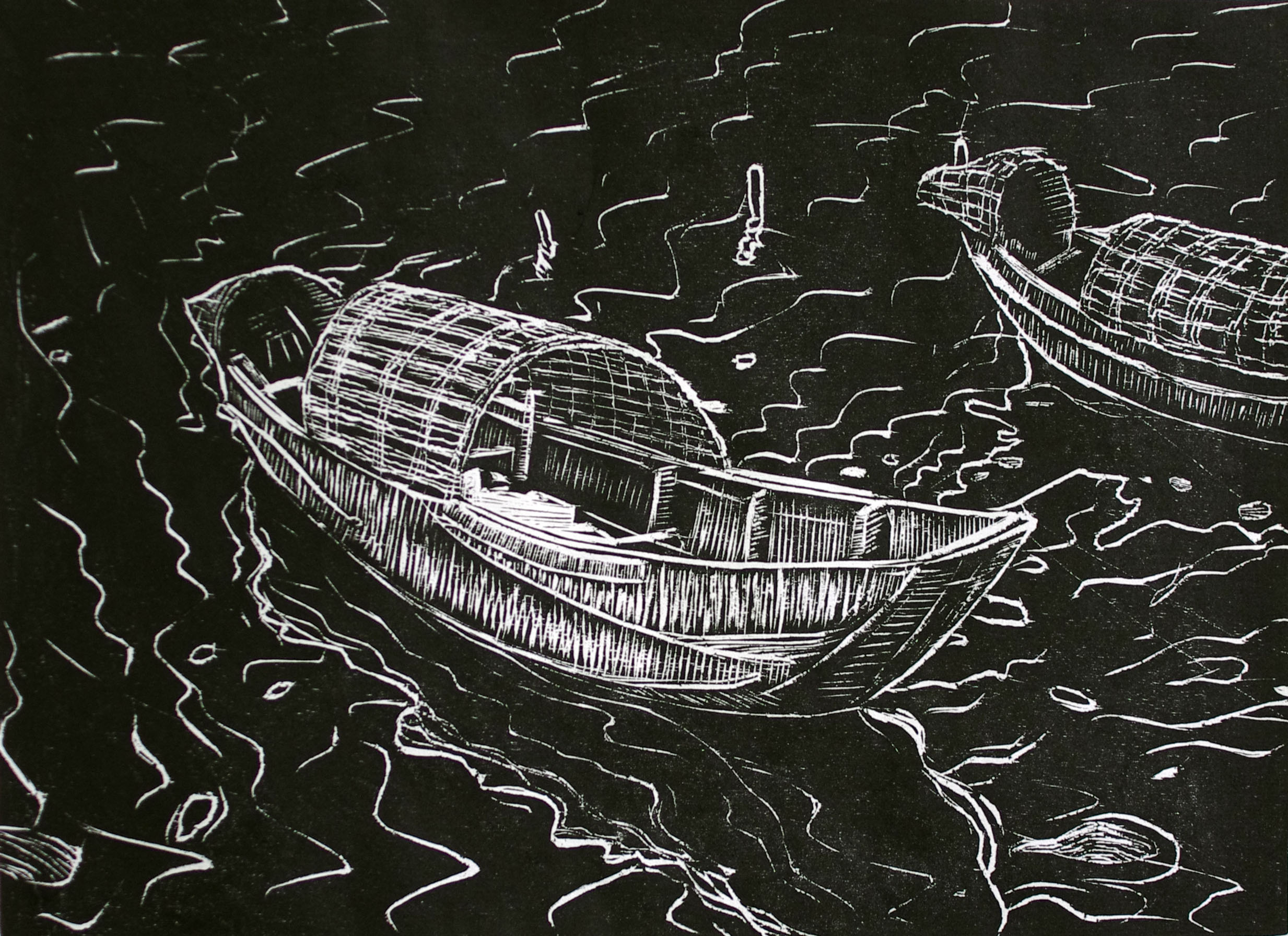 柯文芳《月光》黑白木刻 含画框