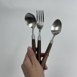 一诺厨房胡桃木柄304不锈钢勺子叉子套装家用西餐餐勺高颜值儿童