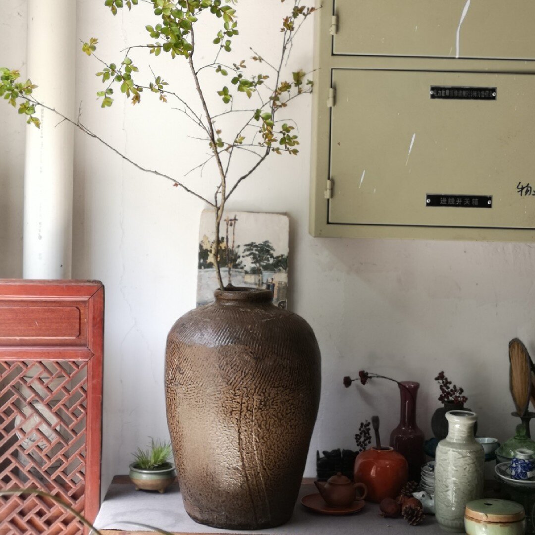 清代江南金豹纹梅瓶酒坛花器老物件古董花艺新中式装饰摆件8558