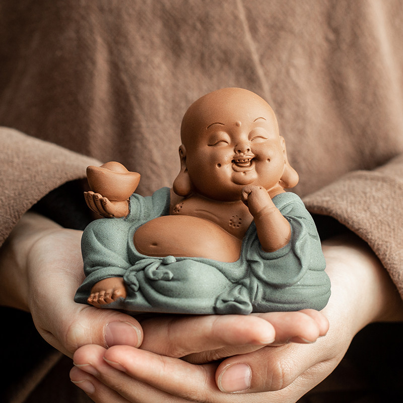 一折迷你茶具套装小摆件_创意紫砂小和尚沙弥喷水功夫茶具配件可养小