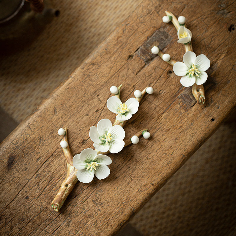 陶土花枝摆件纯手工捏塑梅花茶道零配茶宠摆件茶席装饰陶瓷花