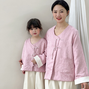 新中式亲子装2024春季新款复古中国风母女装提花外套女童开衫套装