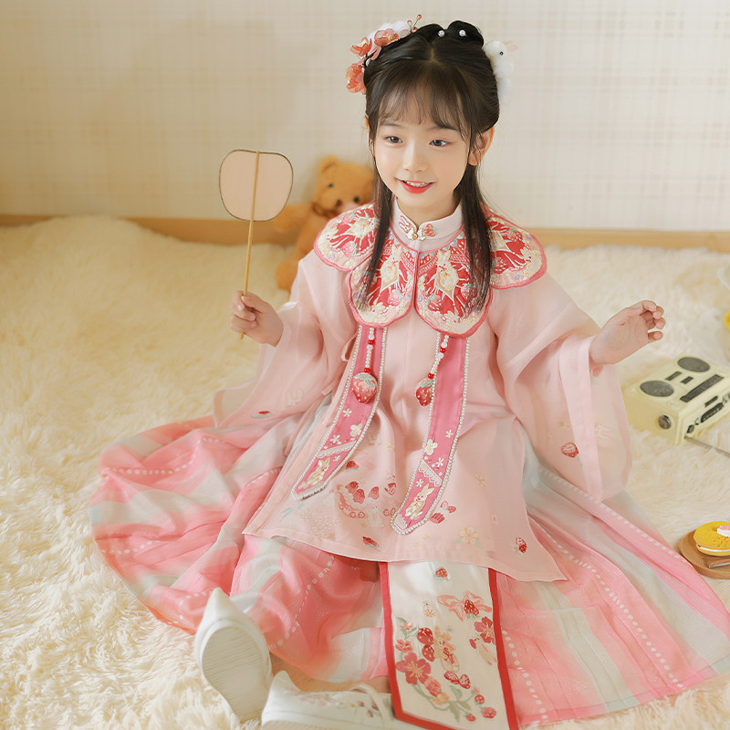 十三余小豆蔻儿兔兔草莓儿童立领斜襟长衫云肩童装女童夏