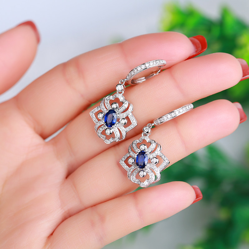 1.2ct/2颗18k金天然蓝宝石耳坠配钻石椭圆形耳环041103即拍即得