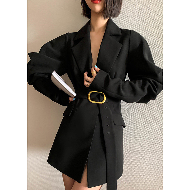 黑色西装女2022春秋新款韩泡泡袖设计感oversize西服网红休闲外套