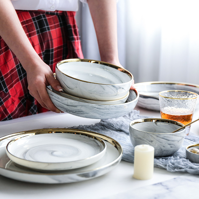  舍里 高档北欧风金边大理石纹陶瓷餐具套装4人食14头餐具套装碗盘-舍里-4月 