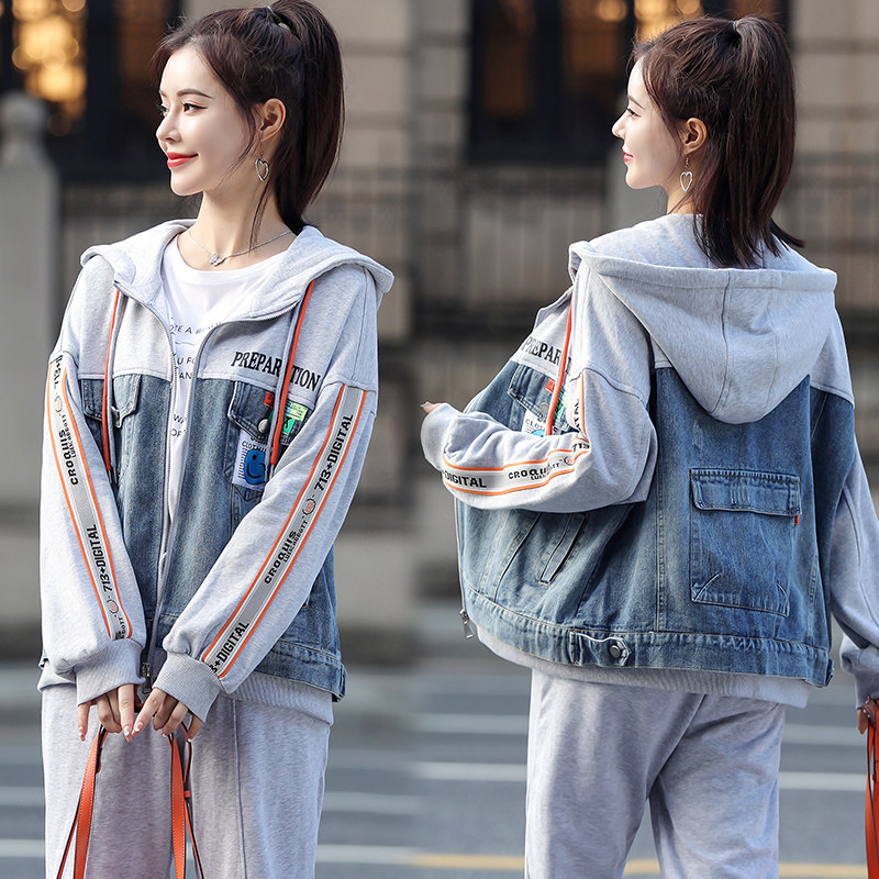 连帽卫衣女2022秋季新款韩版假两件牛仔外套拼接显瘦百搭休闲上衣