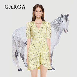 GARGA法式短袖黄色荷叶边碎花连衣裙女夏季新款v领修身显瘦短裙子