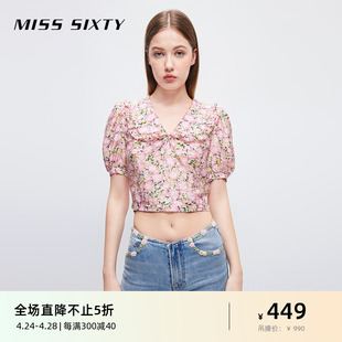 Miss Sixty夏季短袖衬衫女法式V领碎花娃娃领甜美气质围裹式上衣