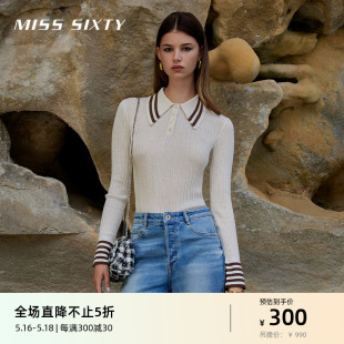 Miss Sixty新款羊毛混纺针织衫女polo领修身显瘦短款复古拼色