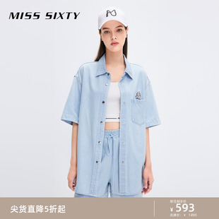 Miss Sixty浅色牛仔短袖衬衫女Polo领刺绣时尚减龄宽松显瘦休闲