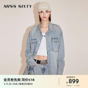 Miss Sixty2024春季新款牛仔衬衫女长袖翻领美式复古磨白休闲百搭