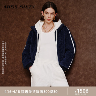 Miss Sixty时尚外套女立领撞色拉链仿羊羔毛加厚保暖棉服