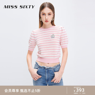 【爆款补单】Miss Sixty针织衫女气质圆领条纹修身绣花钻饰上衣