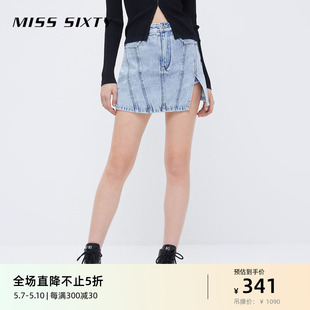 Miss Sixty牛仔短裤女复古浅蓝高腰性感开衩设计Y2K辣妹风裙裤