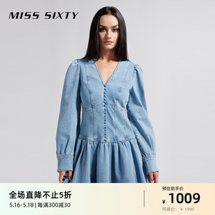 Miss Sixty2024春季新款牛仔连衣裙女V领长袖短裙荷叶边甜美复古