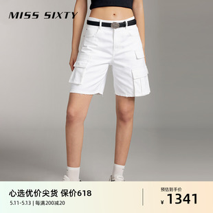 Miss Sixty2024夏季新款白色牛仔短裤女工装风高腰显瘦直筒五分裤