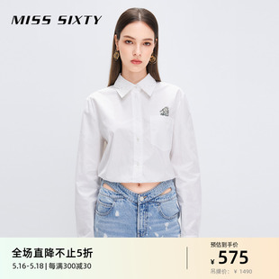 Miss Sixty白色衬衫女卡通兔子绣花叠领抽绳收腰显瘦短款上衣长袖